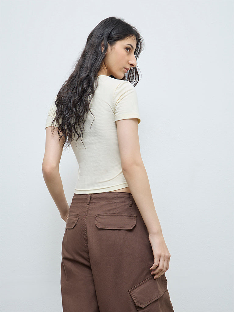 Nuon Cream Criss-Cross Detailed Cotton Top