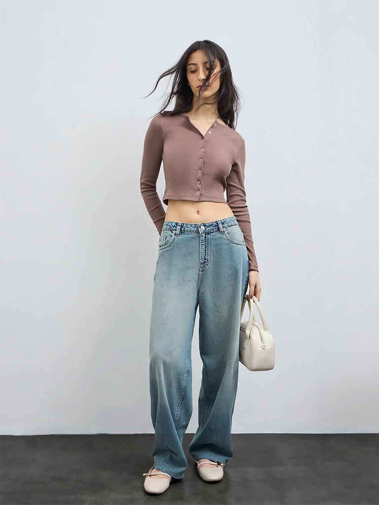 Nuon Taupe Ribbed-Textured Cotton-Blend Top