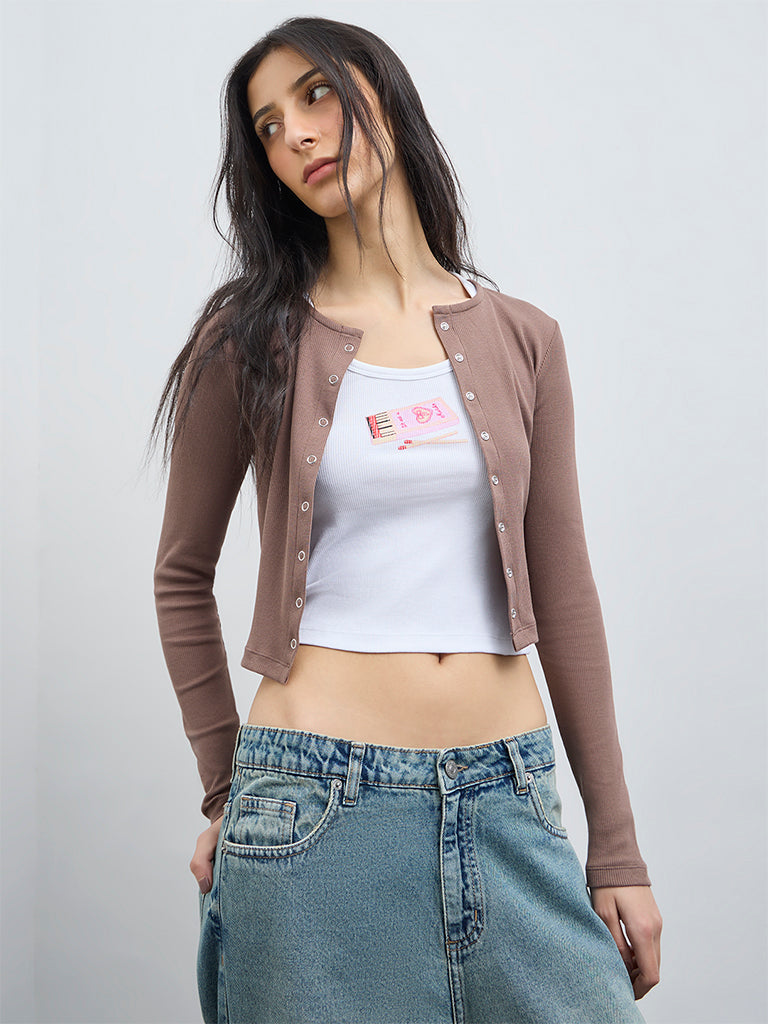 Nuon Taupe Ribbed-Textured Cotton-Blend Top