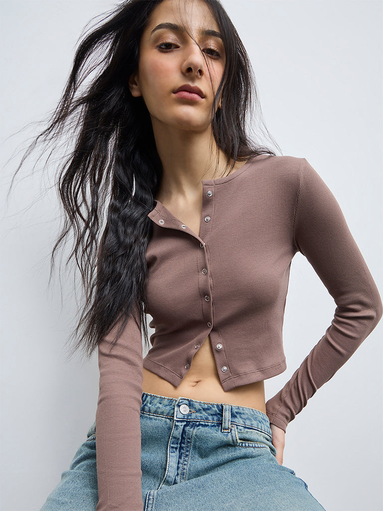 Nuon Taupe Ribbed-Textured Cotton-Blend Top
