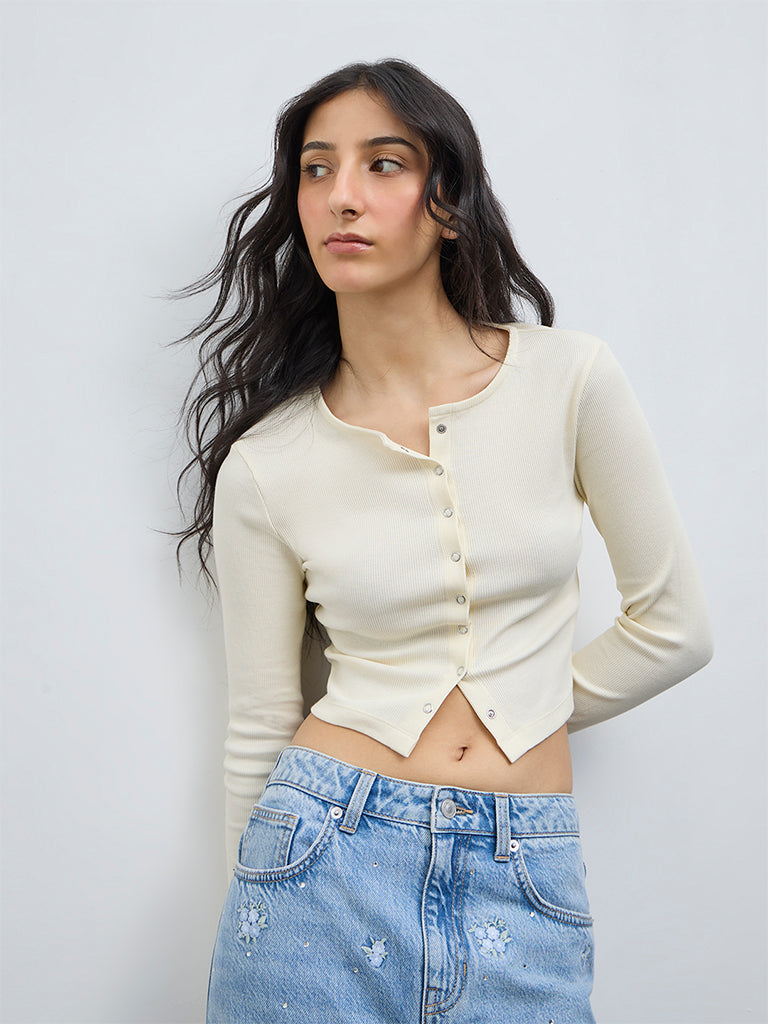 Nuon Light Yellow Ribbed-Textured Cotton-Blend Top