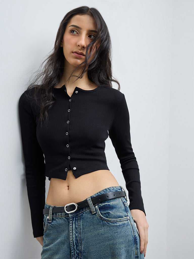 Nuon Black Ribbed-Textured Cotton-Blend Top