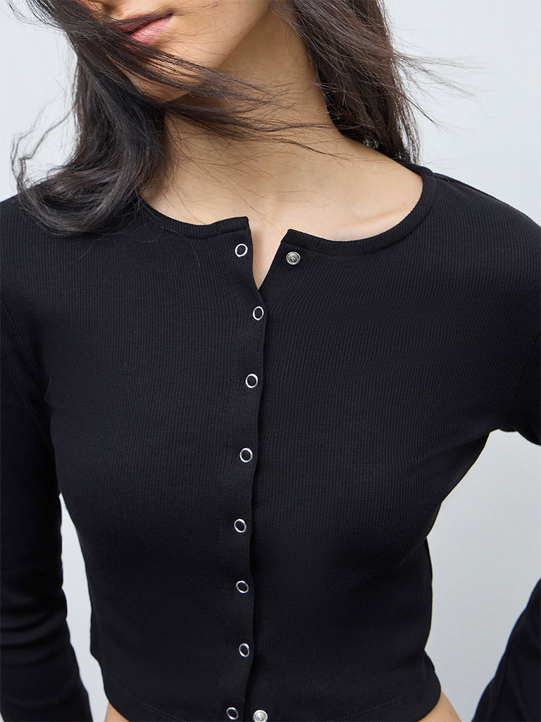 Nuon Black Ribbed-Textured Cotton-Blend Top