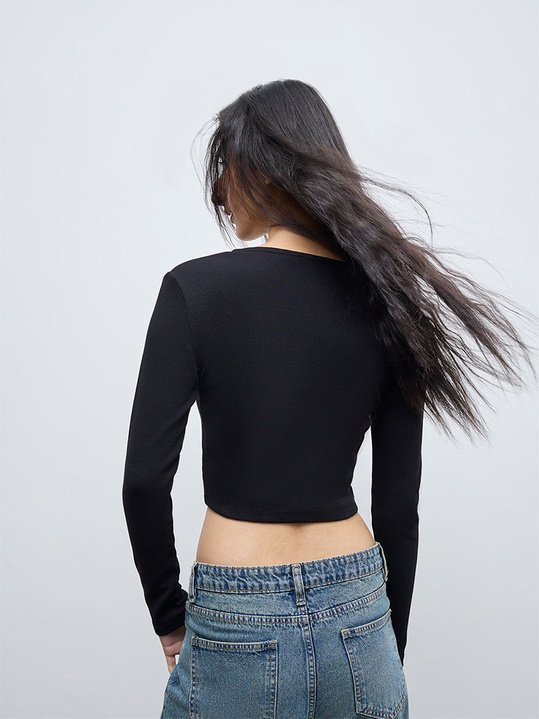 Nuon Black Ribbed-Textured Cotton-Blend Top
