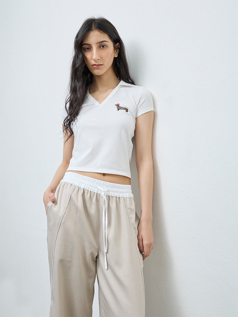 Nuon White Self-Striped Cotton T-Shirt