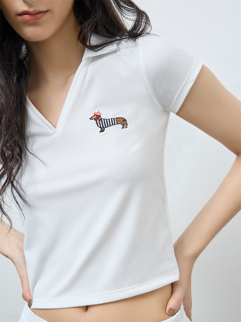 Nuon White Self-Striped Cotton T-Shirt