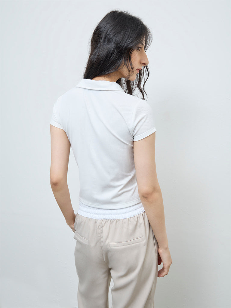 Nuon White Self-Striped Cotton T-Shirt
