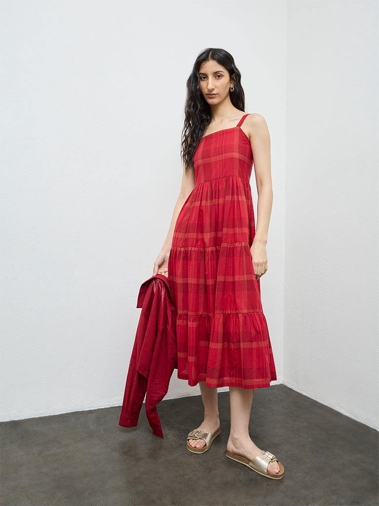 Bombay Paisley Red Checkered Cotton Tiered Dress with Jacket
