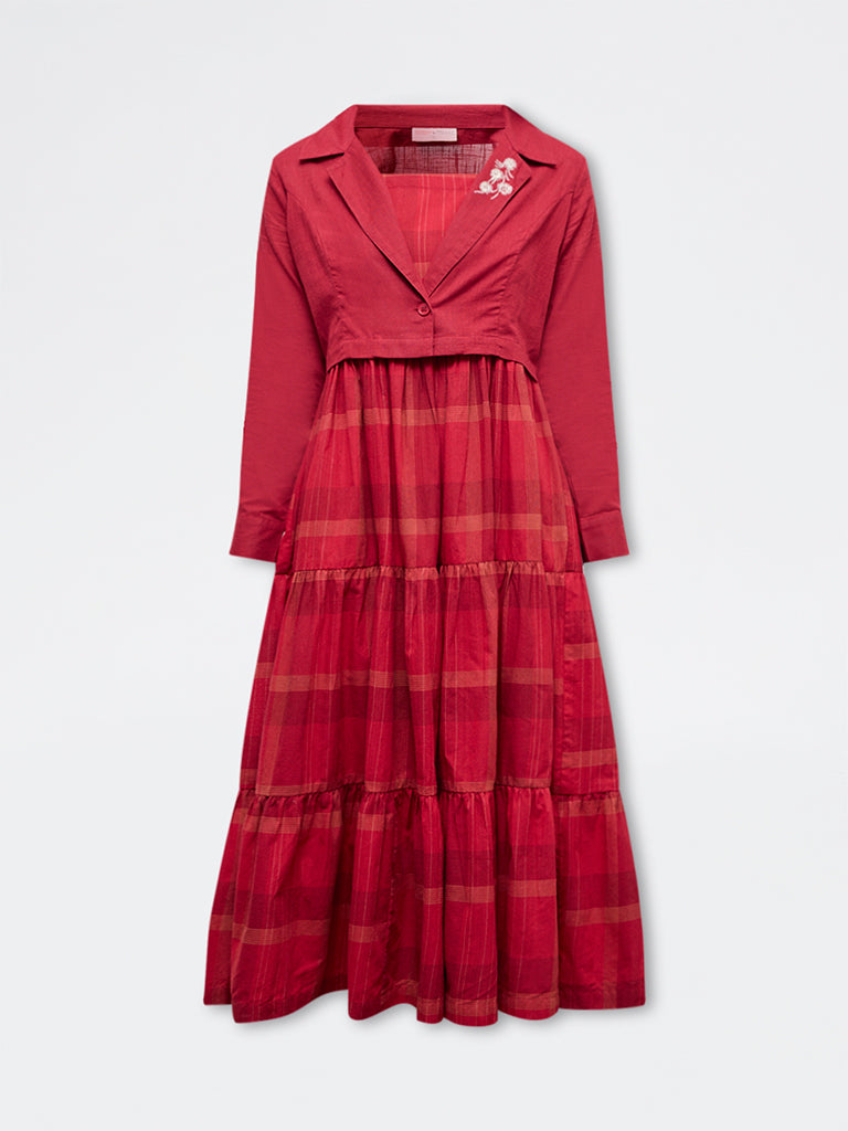 Bombay Paisley Red Checkered Cotton Tiered Dress with Jacket