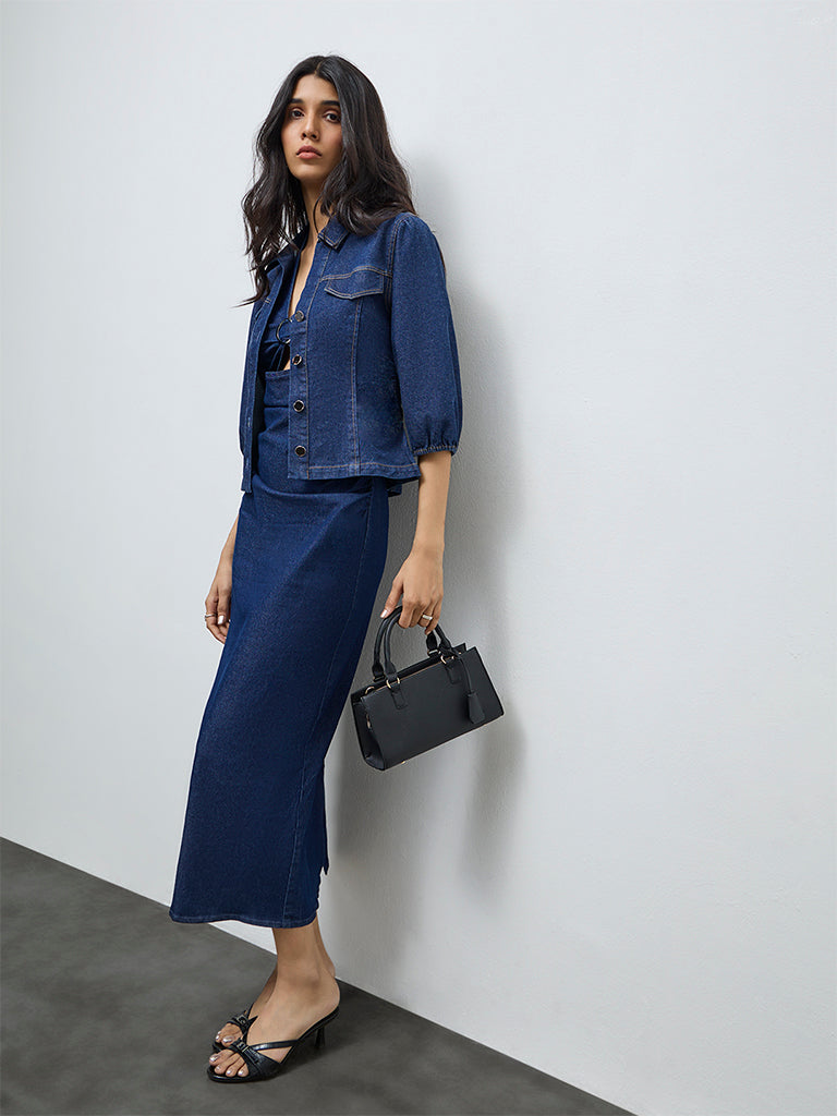 LOV Dark Blue Solid Denim Blouse