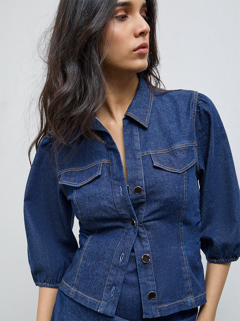 LOV Dark Blue Solid Denim Blouse