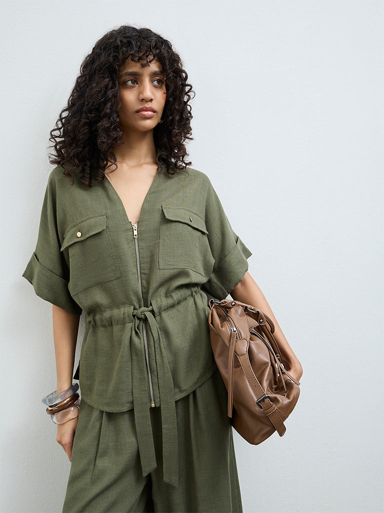 LOV Olive Solid Cotton-Blend Blouse
