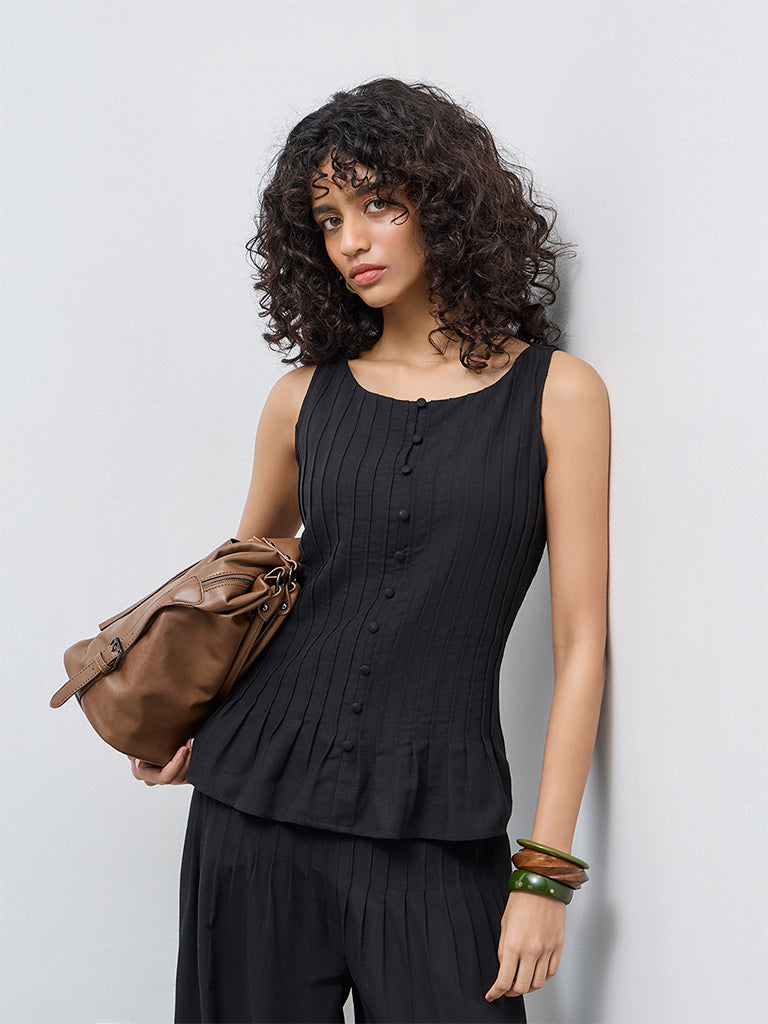 LOV Black Pintuck-Detailed Top