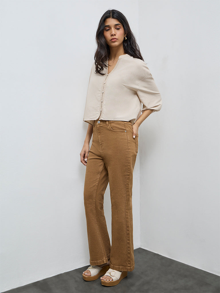 LOV Beige Lace Detailed Cotton-Linen Blend Blouse