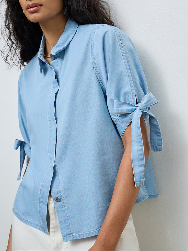 LOV Blue Solid Denim Shirt