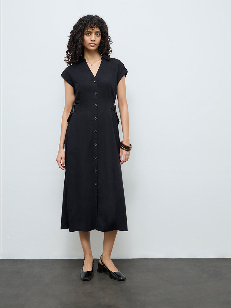 LOV Black Solid Linen-Blend Shirt Dress