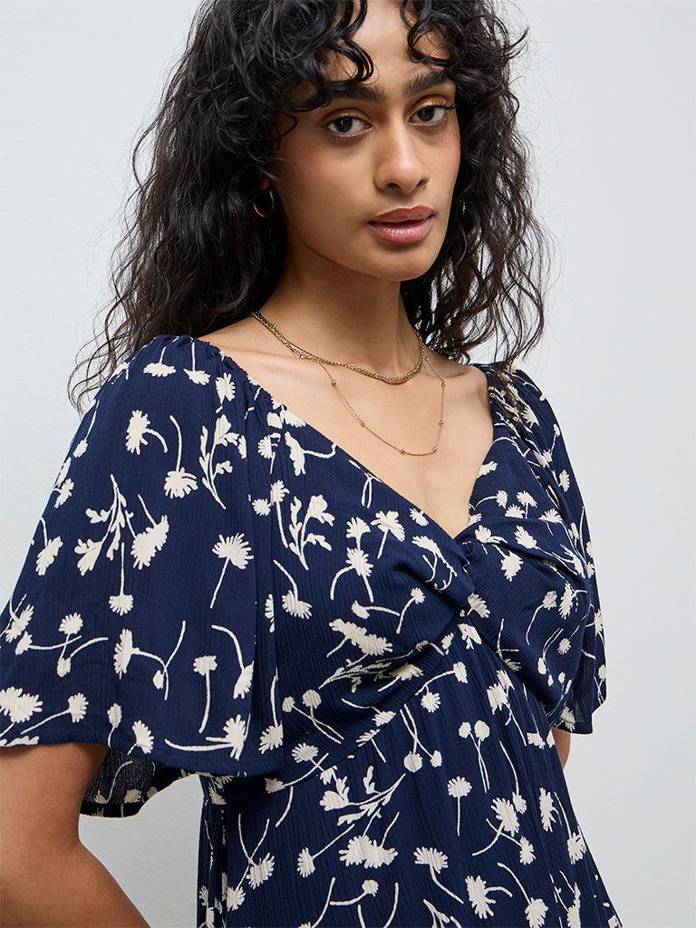 LOV Navy Floral A-Line Dress