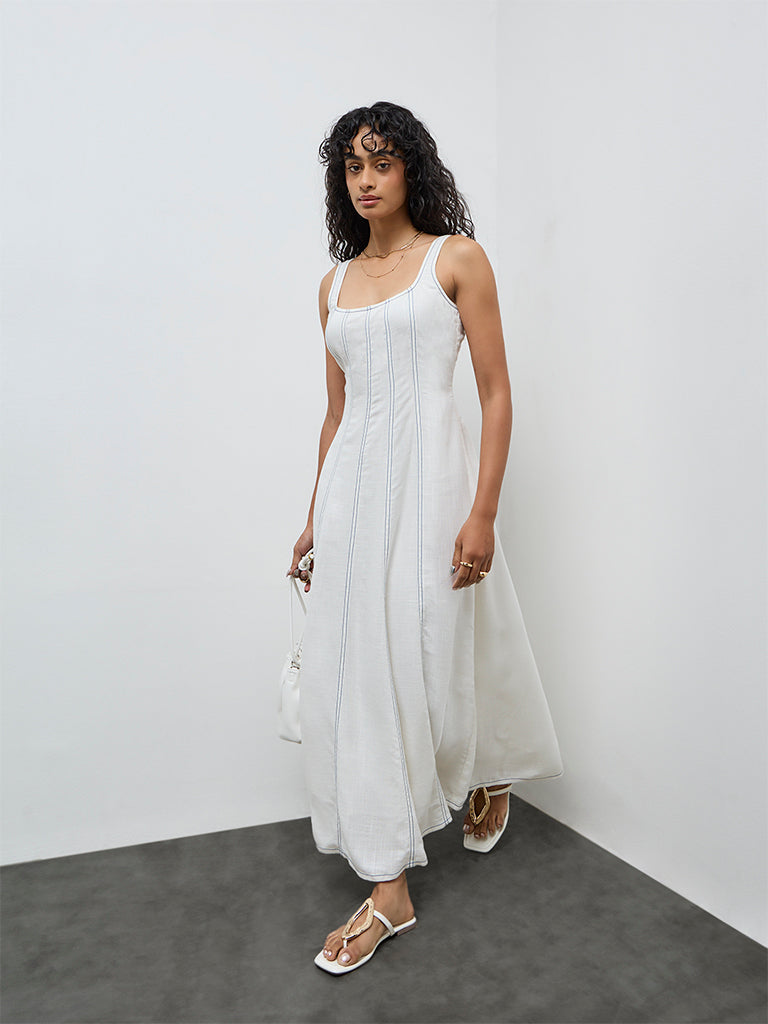 LOV Off-White Striped Linen-Blend A-Line Dress
