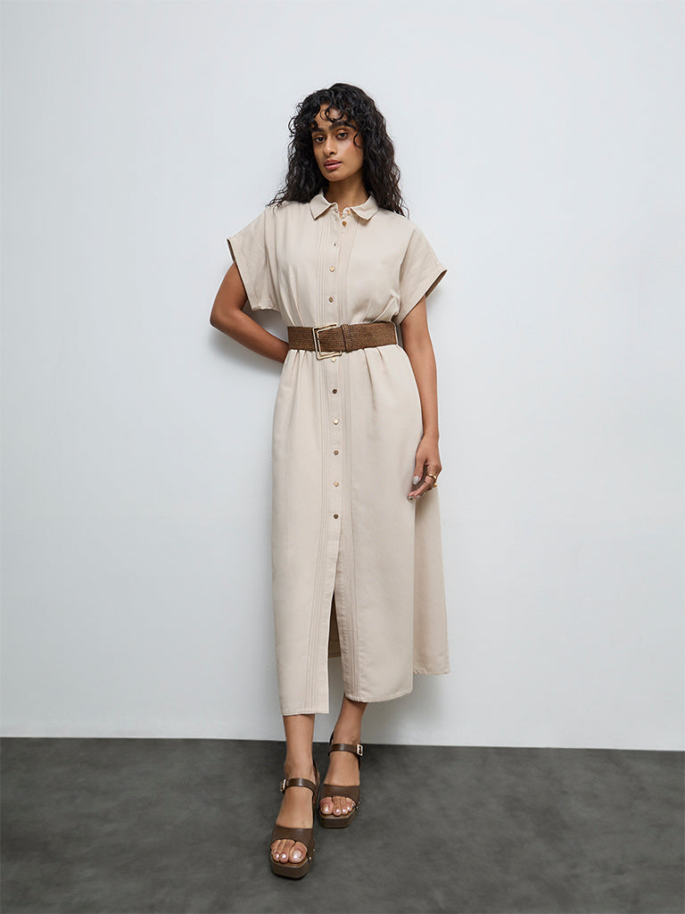LOV Beige Pintuck Detailed Shirt Dress with Belt