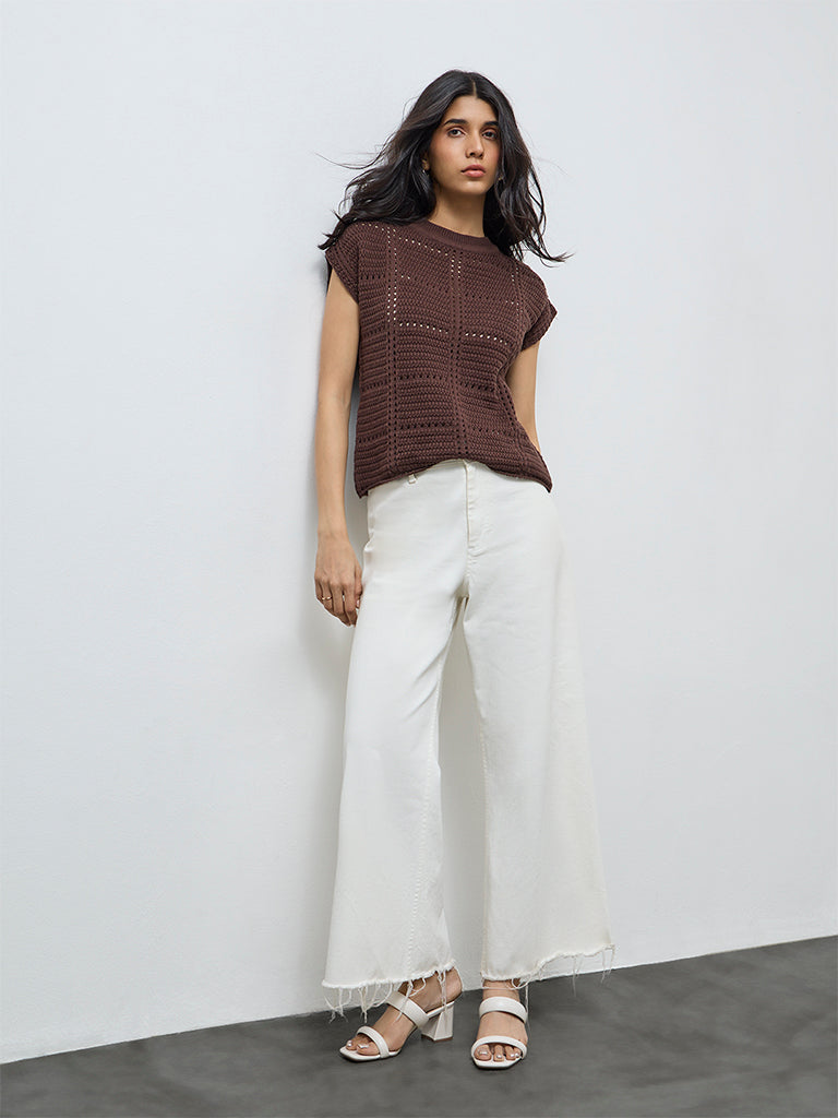 LOV Dark Brown Crochet Knit-Textured Top
