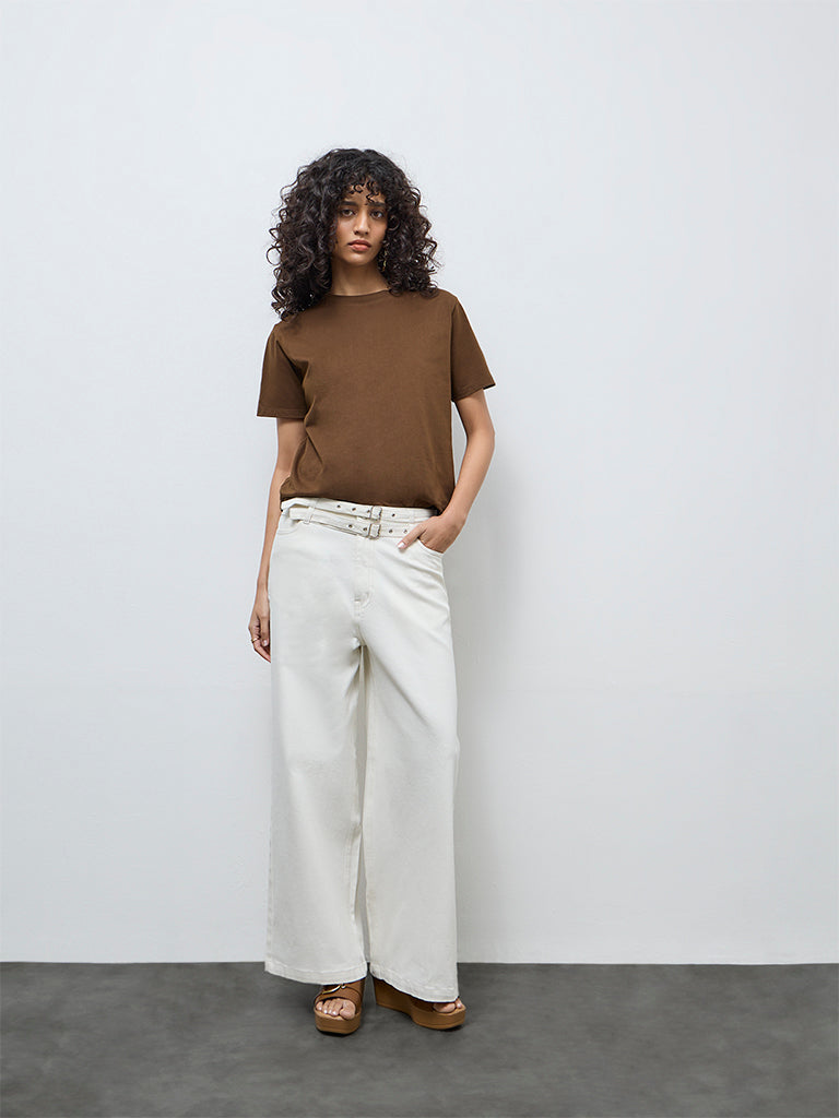 LOV Off-White High-Rise Flared Jeans with Belt