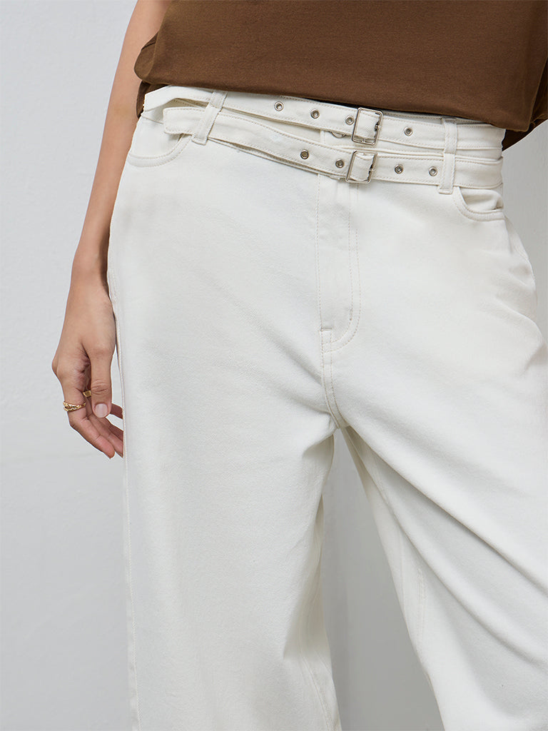 LOV Off-White High-Rise Flared Jeans with Belt