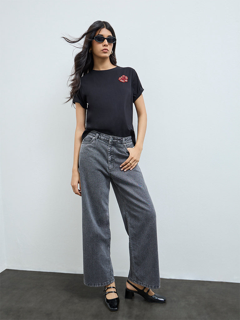LOV Dark Grey Faded Relaxed-Fit High-Rise Jeans
