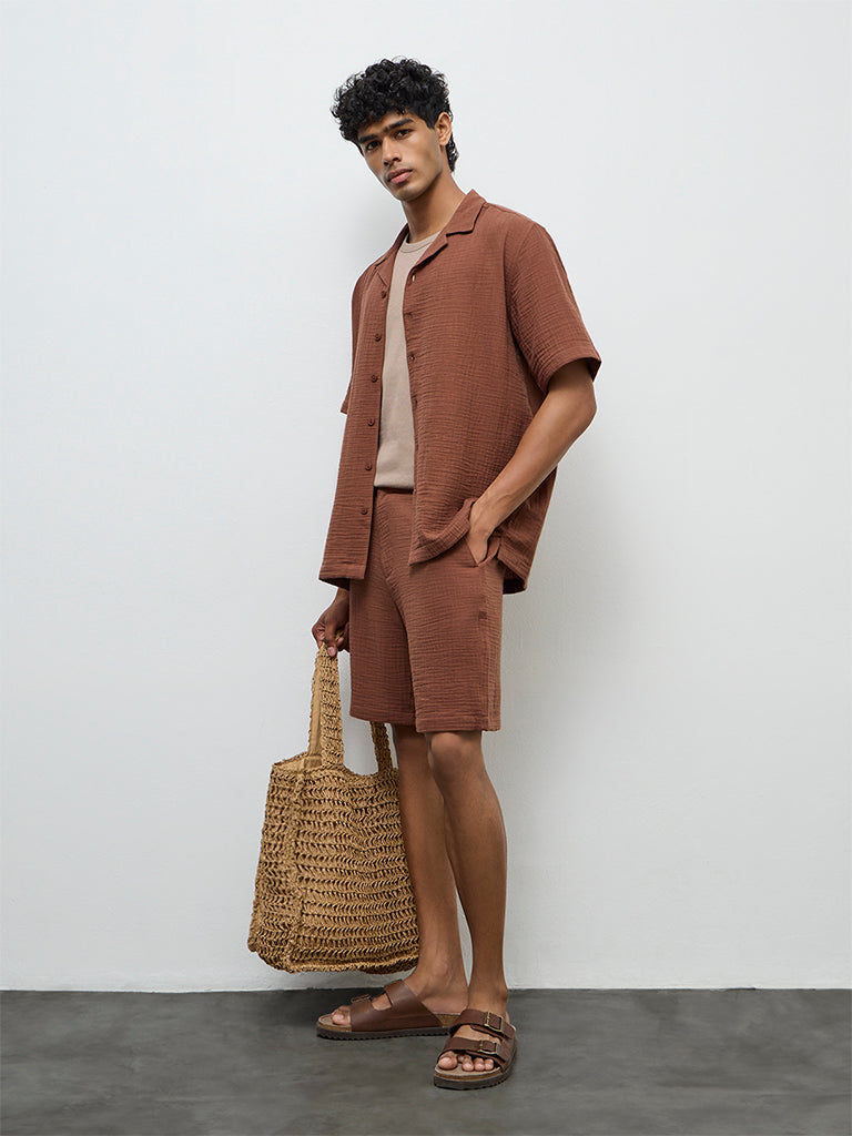 ETA Brown Crinkle-Textured Relaxed-Fit Cotton Shirt