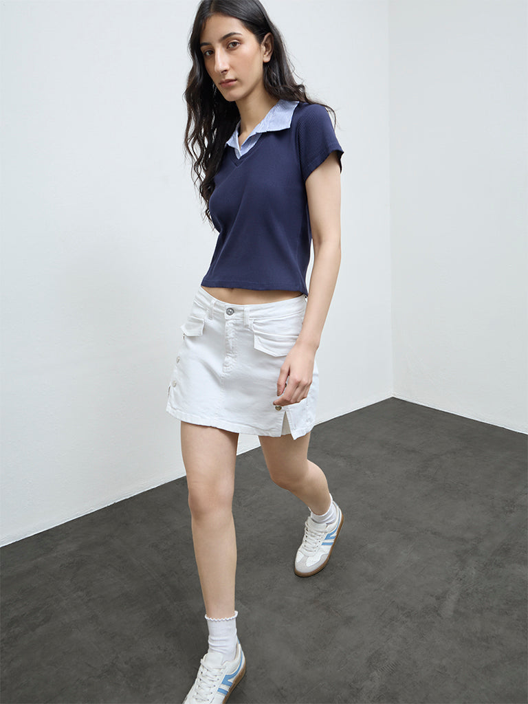Nuon White Solid High-Rise Cotton-Blend Skort