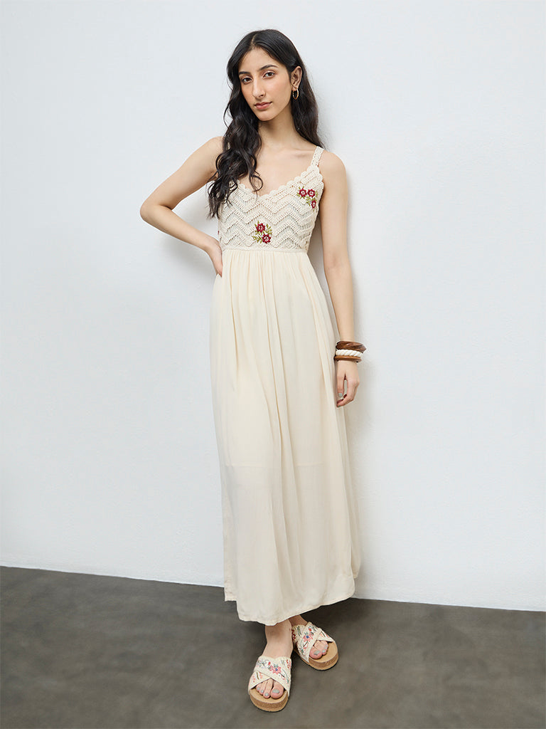 Bombay Paisley Cream Crochet-Knitted A-Line Dress
