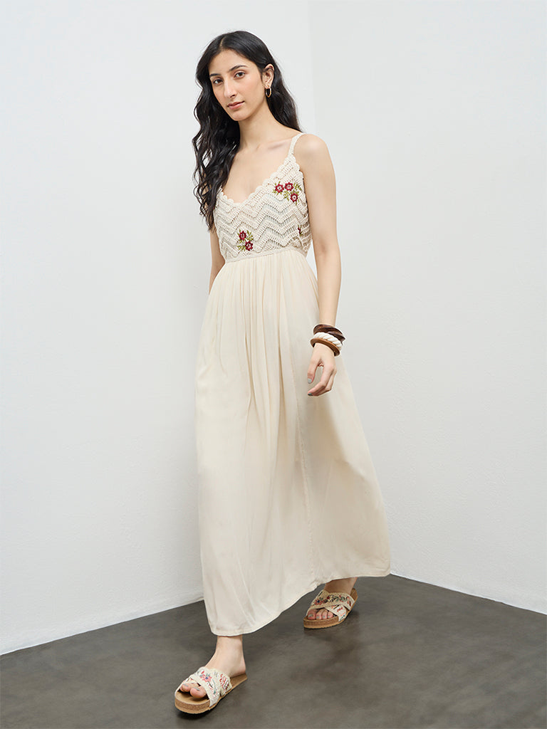Bombay Paisley Cream Crochet-Knitted A-Line Dress