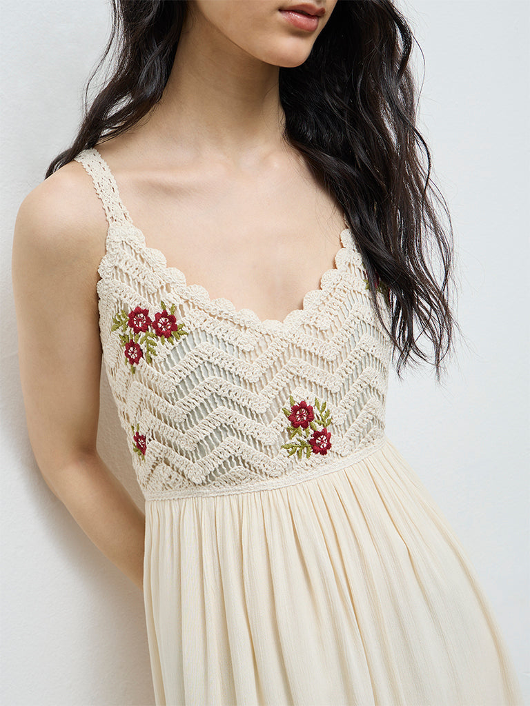 Bombay Paisley Cream Crochet-Knitted A-Line Dress