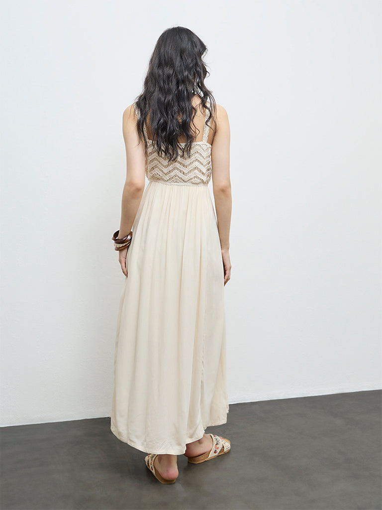 Bombay Paisley Cream Crochet-Knitted A-Line Dress
