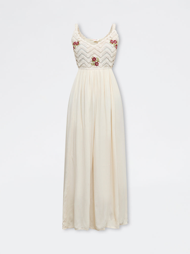 Bombay Paisley Cream Crochet-Knitted A-Line Dress