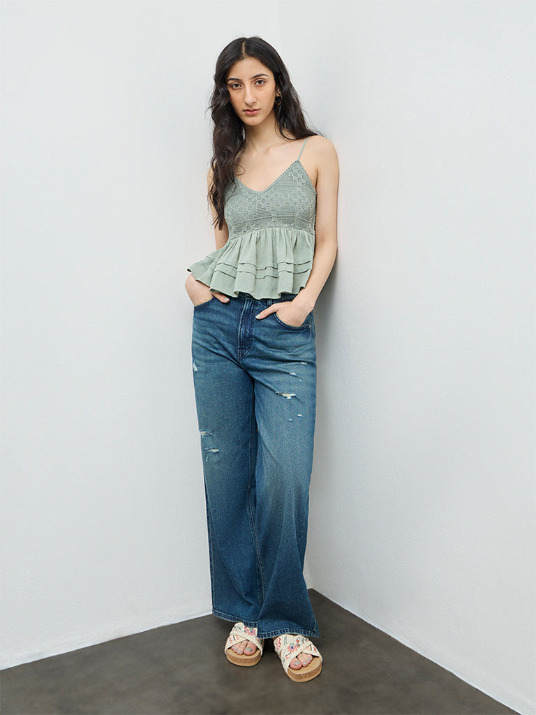Bombay Paisley Sage Embroidered Cotton Peplum Top