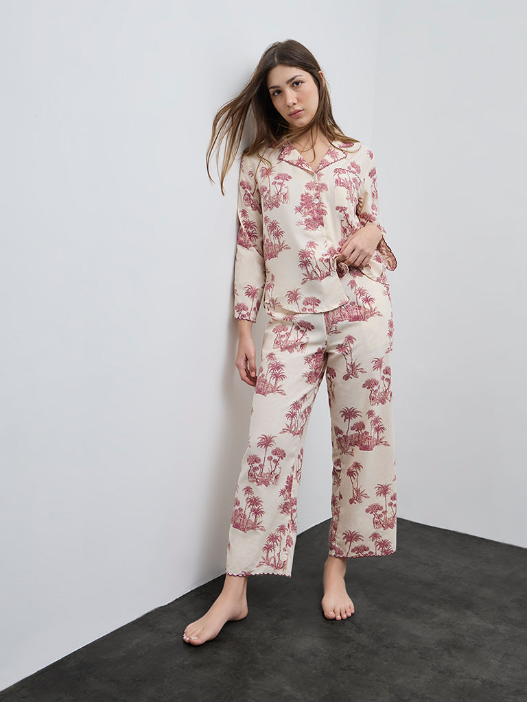 Wunderlove Wine Cotton Shirt and Pyjamas Set