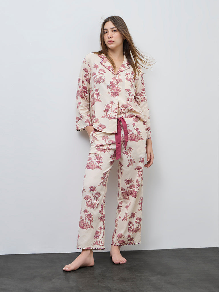 Wunderlove Wine Cotton Shirt and Pyjamas Set