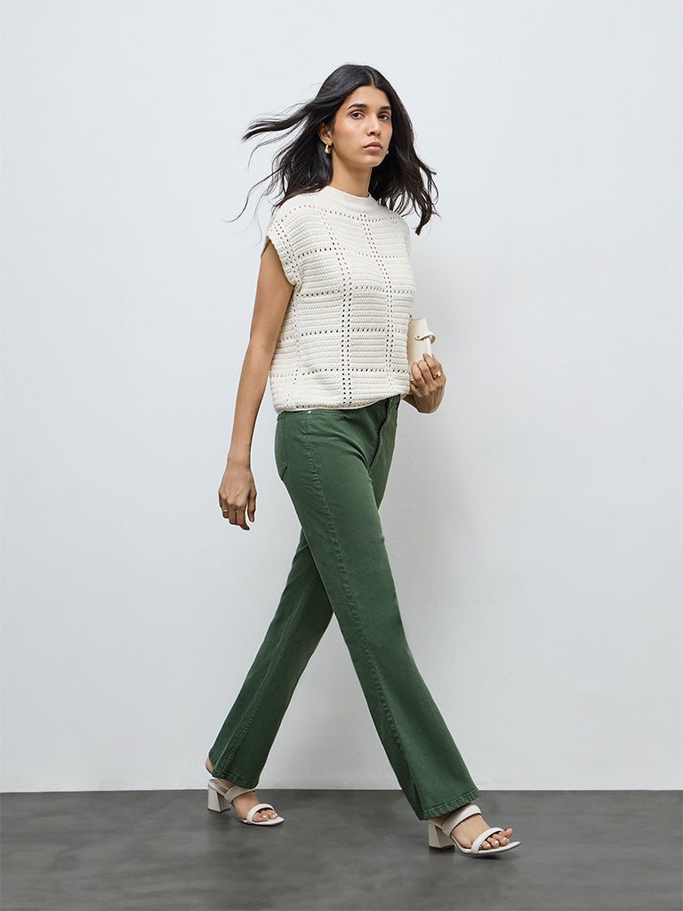 LOV Cream Crochet Knit-Textured Cotton-Blend Top