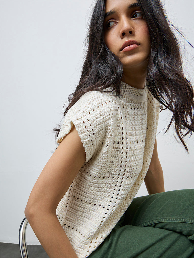 LOV Cream Crochet Knit-Textured Cotton-Blend Top