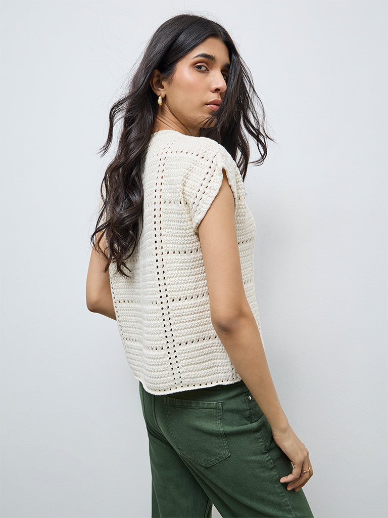 LOV Cream Crochet Knit-Textured Cotton-Blend Top