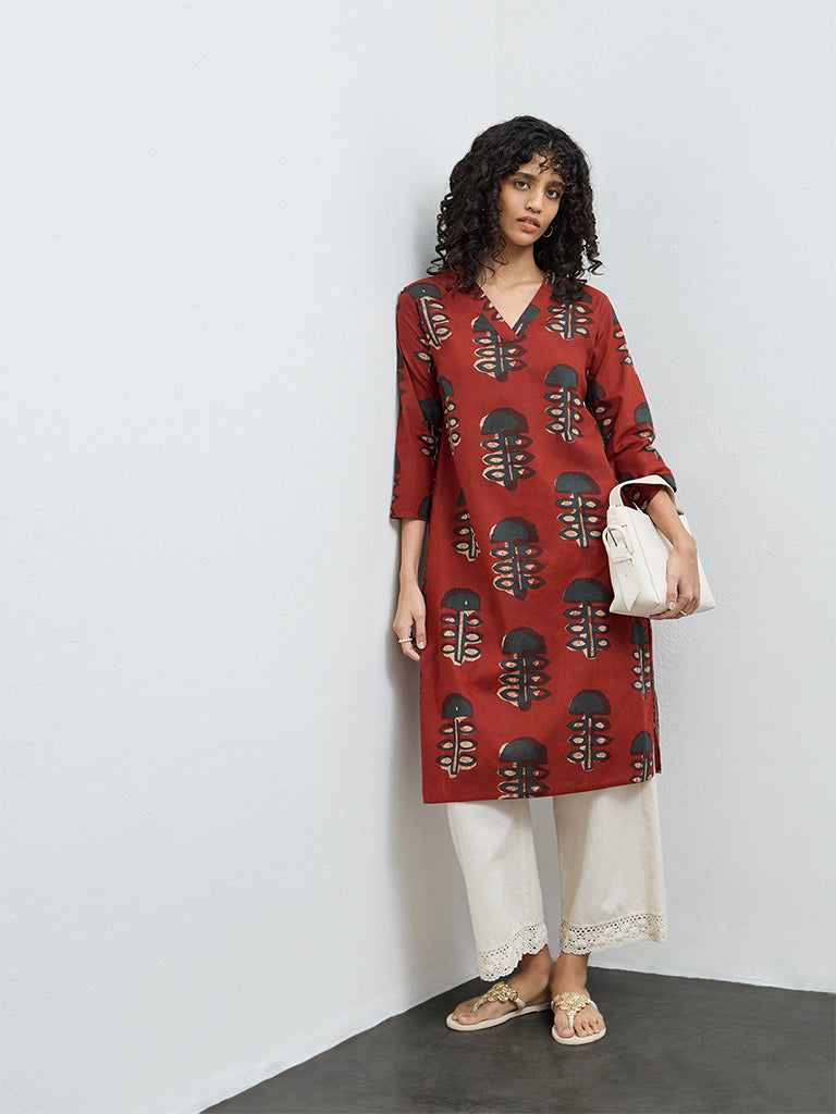 Utsa Maroon Foliage Printed Cotton A-Line Kurta