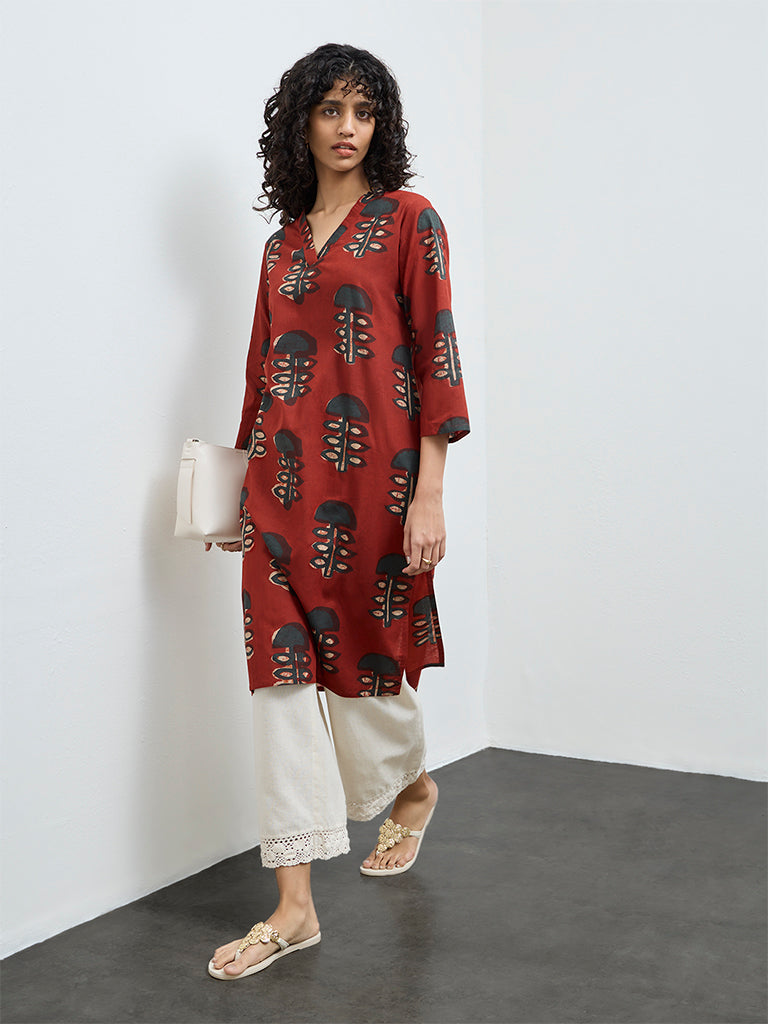 Utsa Maroon Foliage Printed Cotton A-Line Kurta