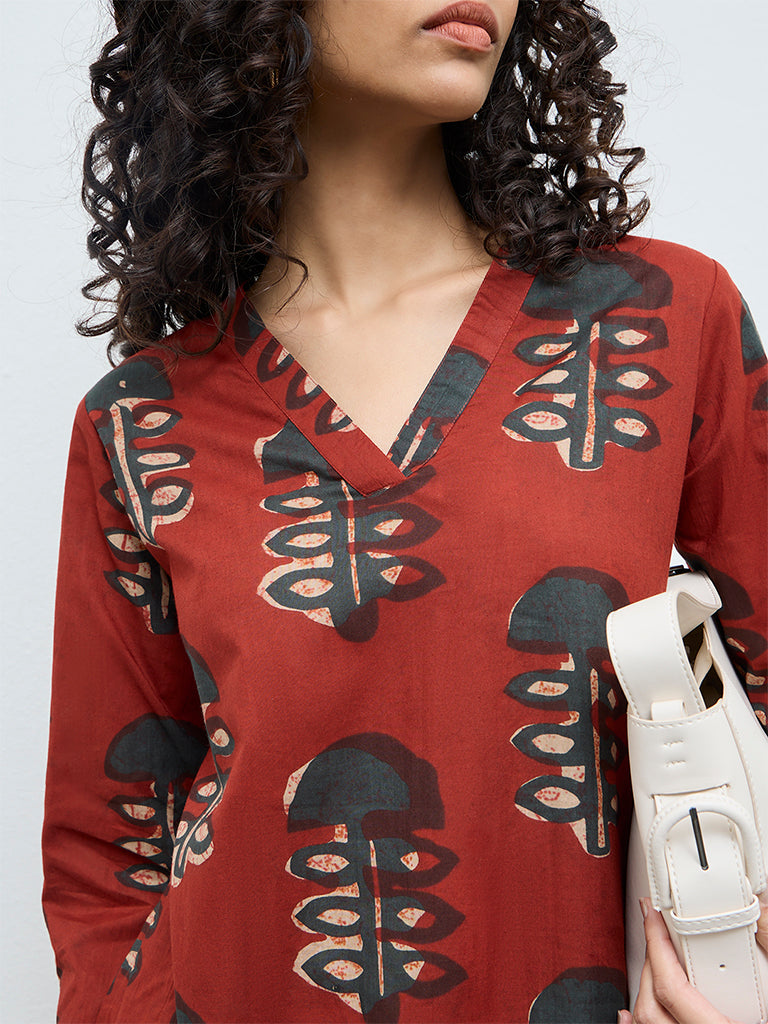 Utsa Maroon Foliage Printed Cotton A-Line Kurta