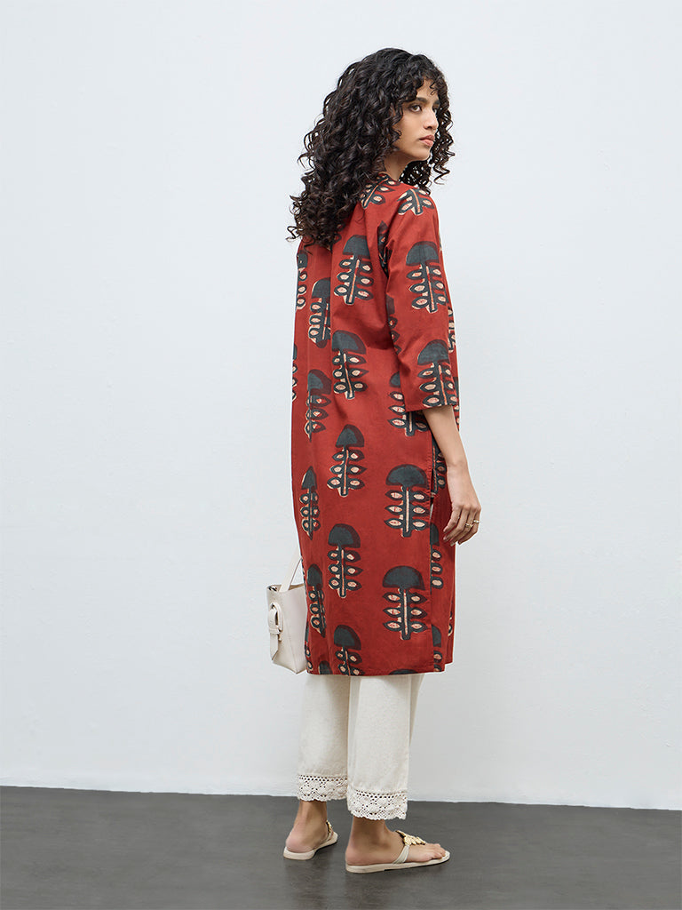 Utsa Maroon Foliage Printed Cotton A-Line Kurta
