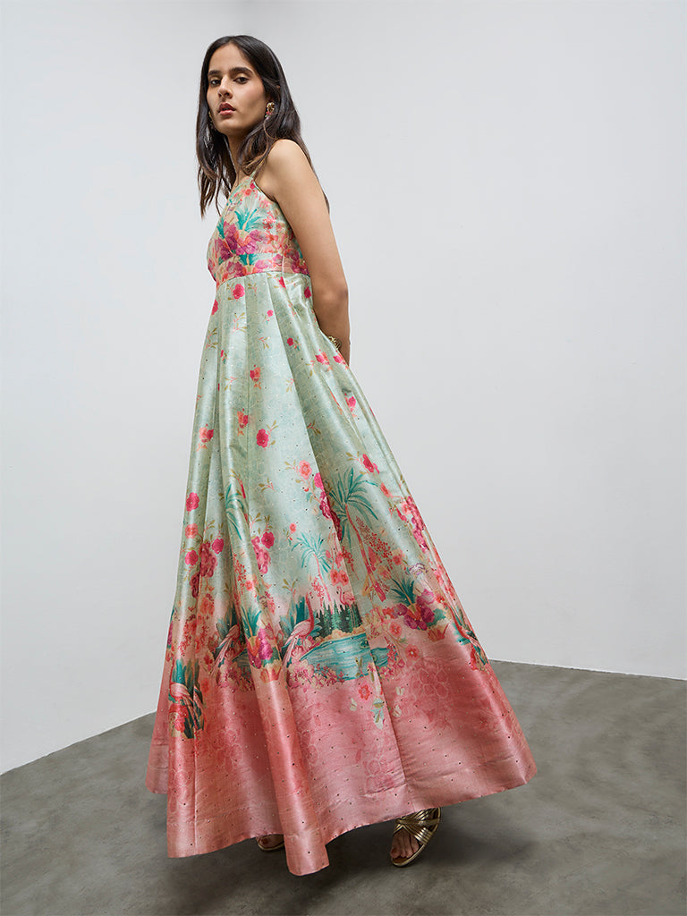 Vark Green Floral Pattern A-Line Dress