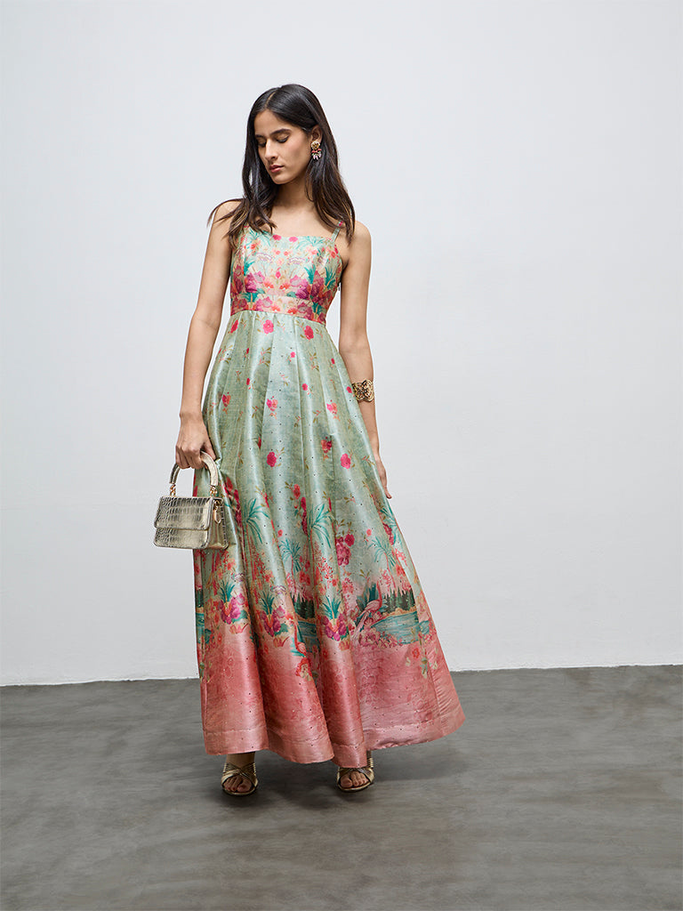 Vark Green Floral Pattern A-Line Dress