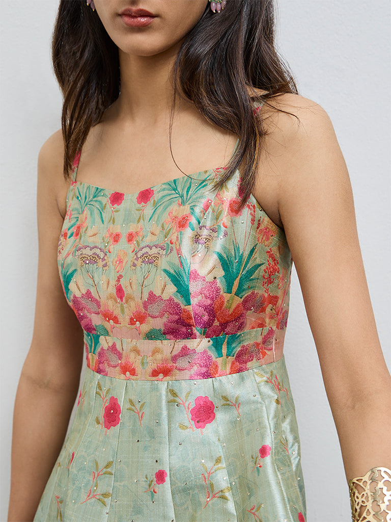 Vark Green Floral Pattern A-Line Dress