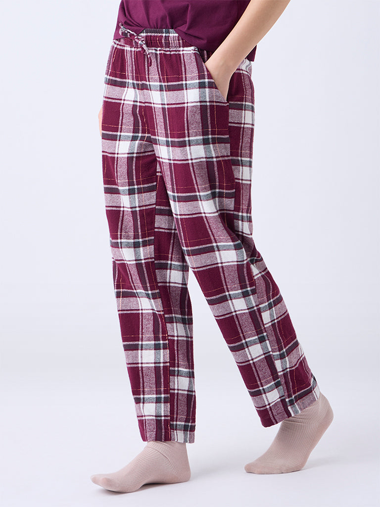 Wunderlove Wine Checks Pattern High-Rise Cotton Pants