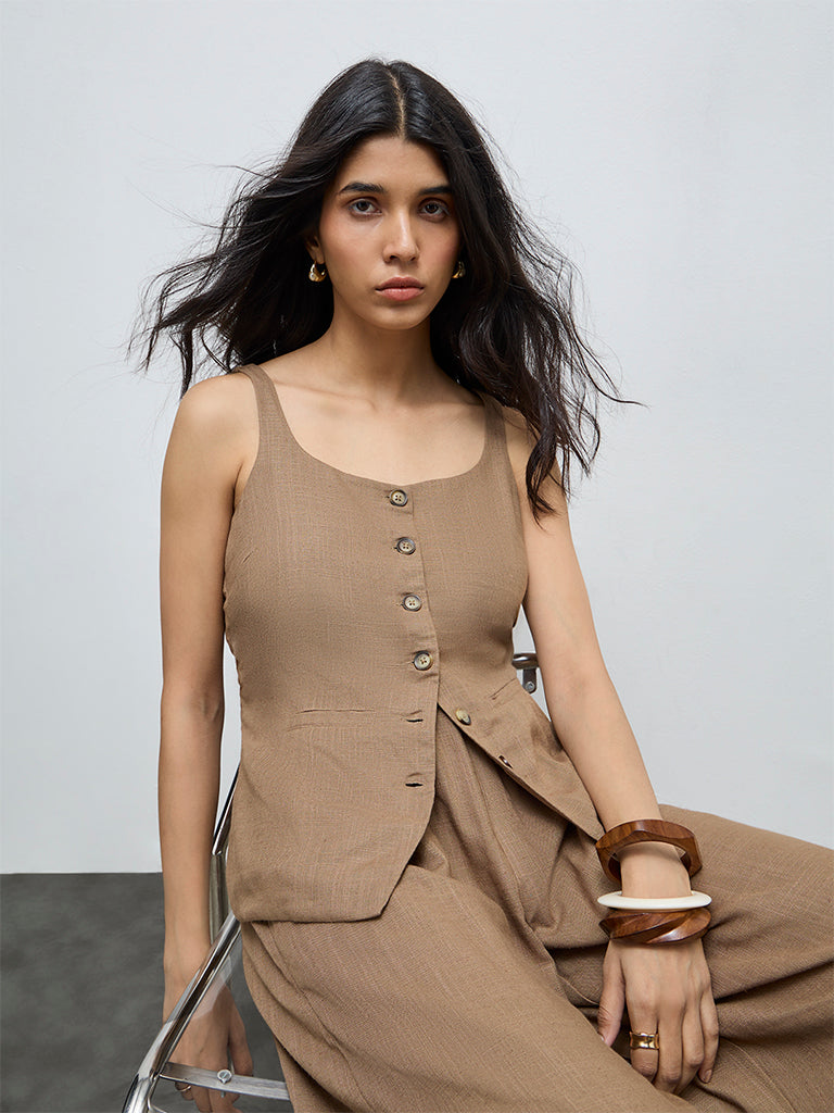 LOV Brown Solid Cotton-Blend Top