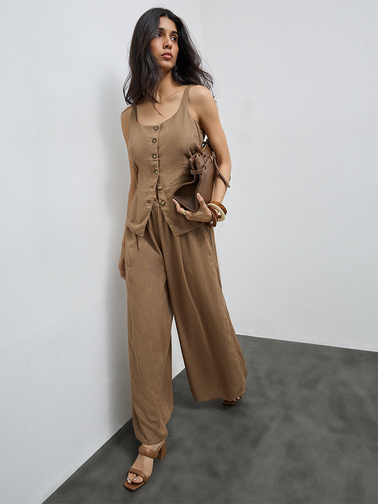 LOV Brown Solid Cotton-Blend Top
